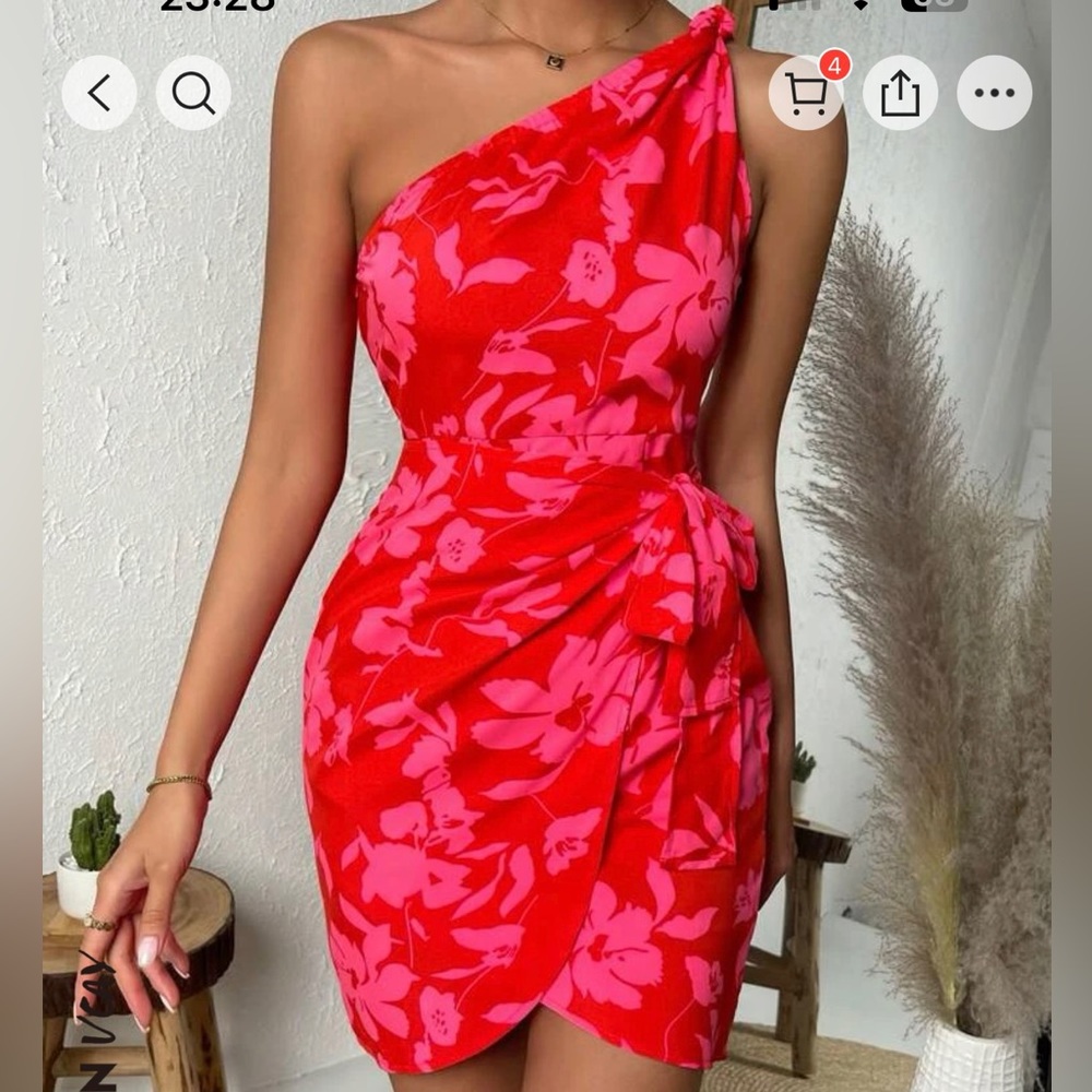SHEIN Floral One shoulder knot side wrap Hem dress